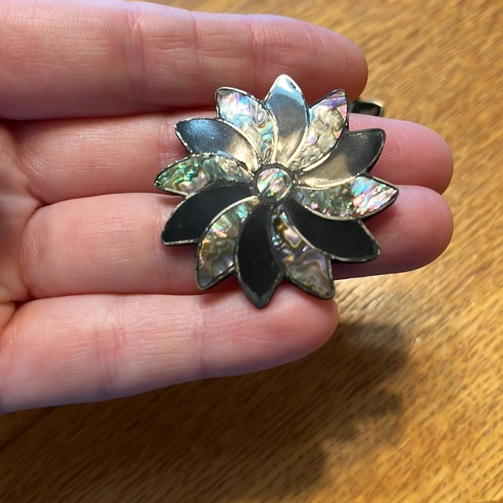 Vintage Alpaca Silver Abalone Inlay Star Brooch With Earrings